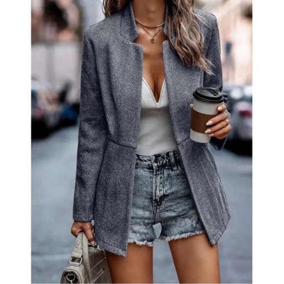 Classic Charcoal Herringbone Blazer Jacket Coat - Picture 2 of 8